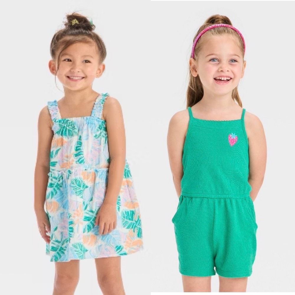 Lot of 3 Cat & Jack Baby Girl Summer Bundle Green Romper Tropical Palm Dress 12M